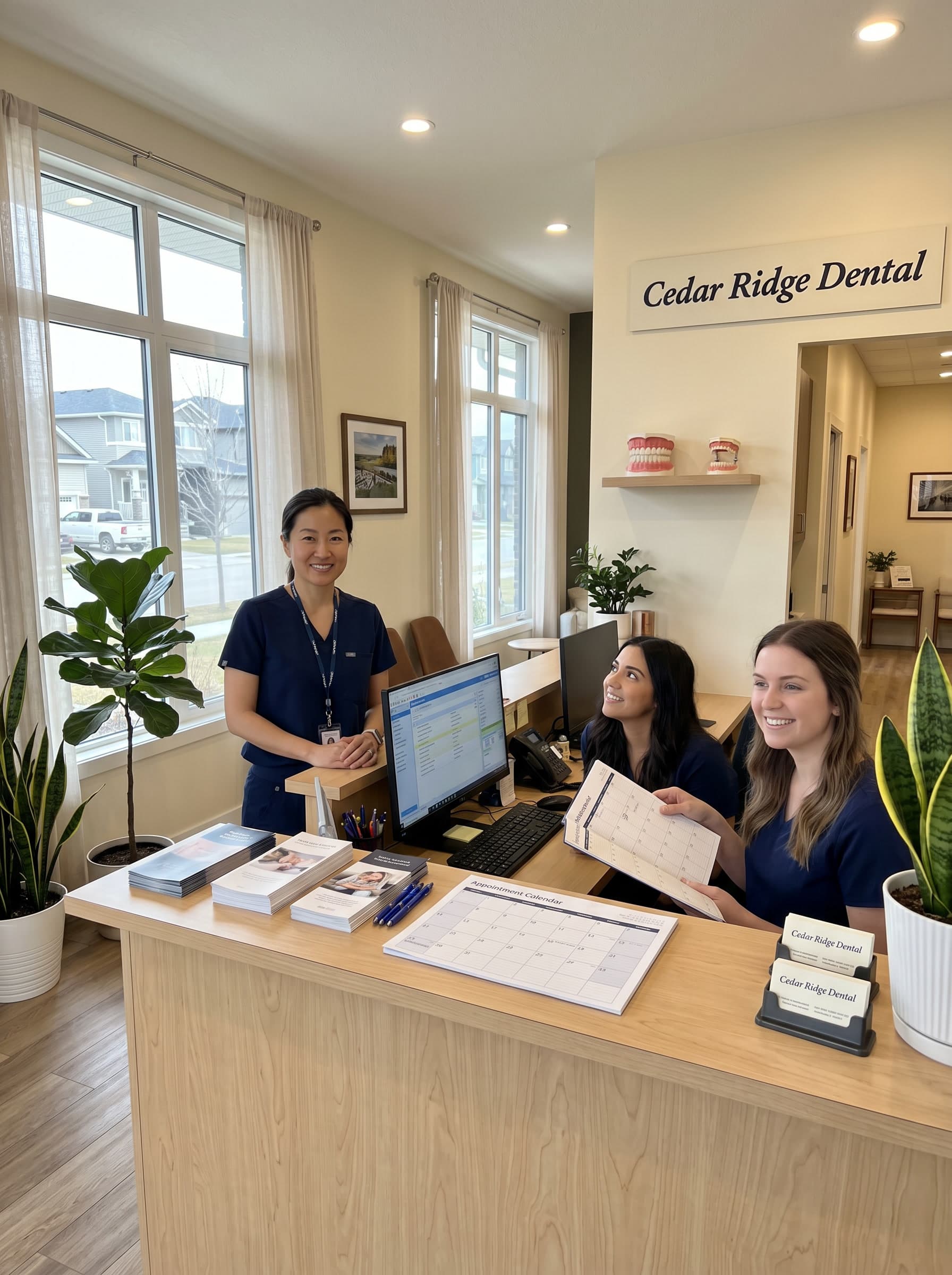 Dr. Chen and the front desk team, in the reception area